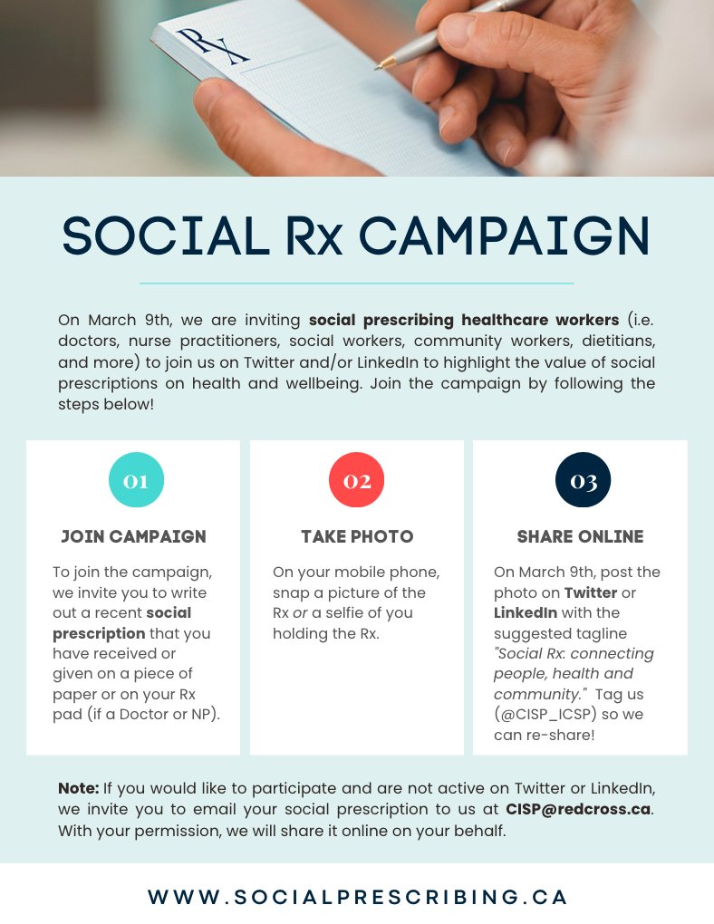 CISP_ICPS (@cisp_icps) on Twitter photo Calling all #SocialPrescribing clinicians! Help us celebrate Social Prescribing week by joining our Social Rx Campaign to highlight the value of social prescriptions in your work! Read how to participate below ⤵️.
<a href="/AllianceON/">Alliance for Healthier Communities</a> <a href="/DominikNowakMD/">Dr. Dominik Nowak</a> <a href="/drandrewb/">Andrew Boozary MD</a> <a href="/Gary_Bloch/">Gary Bloch</a> <a href="/Melissa_Lem/">Dr. Melissa Lem</a> Calling all #SocialPrescribing clinicians! Help us celebrate Social Prescribing week by joining our Social Rx Campaign to highlight the value of social prescriptions in your work! Read how to participate below ⤵️.
<a href="/AllianceON/">Alliance for Healthier Communities</a> <a href="/DominikNowakMD/">Dr. Dominik Nowak</a> <a href="/drandrewb/">Andrew Boozary MD</a> <a href="/Gary_Bloch/">Gary Bloch</a> <a href="/Melissa_Lem/">Dr. Melissa Lem</a>
