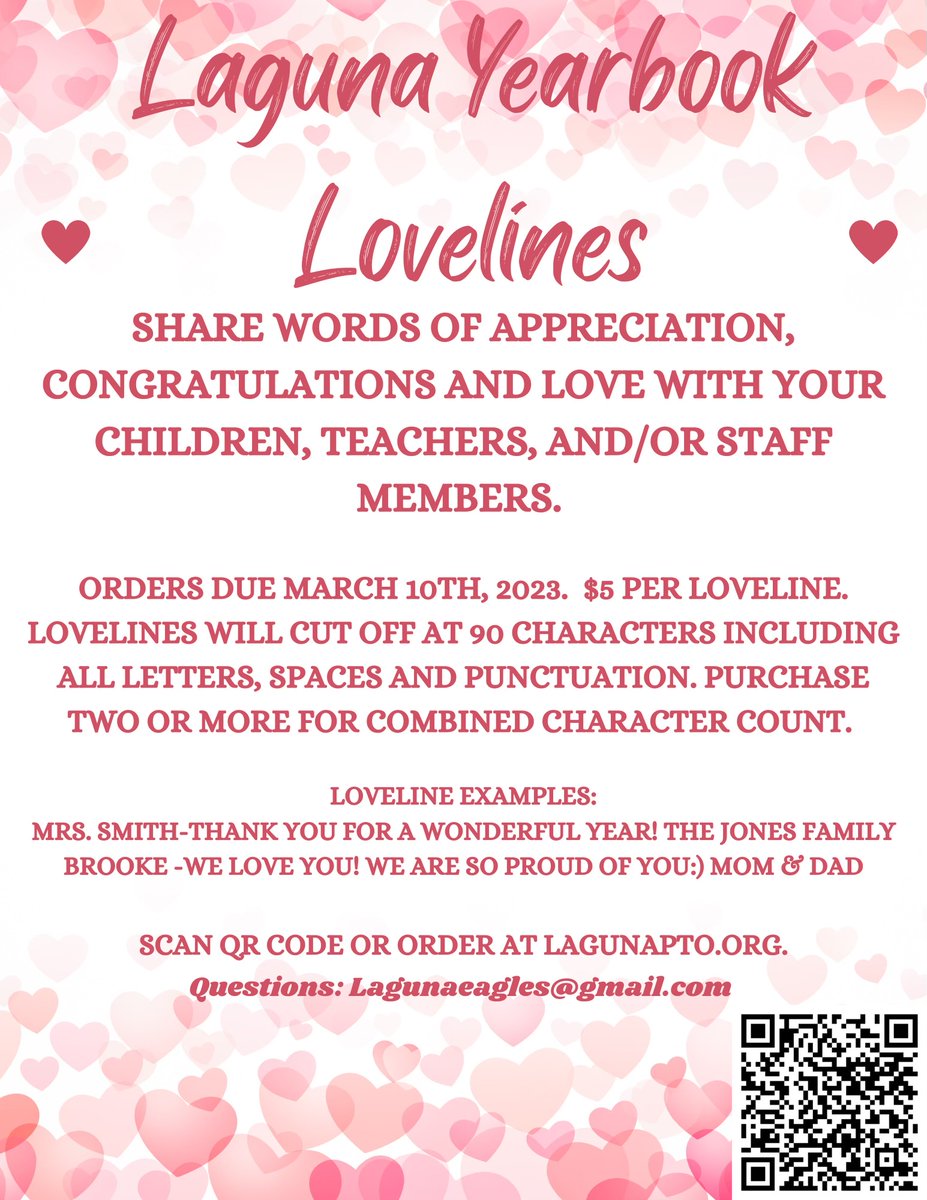 LagunaSUSD's tweet image. Please don’t forget to purchase your Lovelines! They can be words of encouragement, love, or appreciation for your child or teacher! Everyone loves to race to the back of the yearbook to see if they were mentioned! Don’t miss out! #loveline #pto #ordertoday #lagunaeagles ❤️