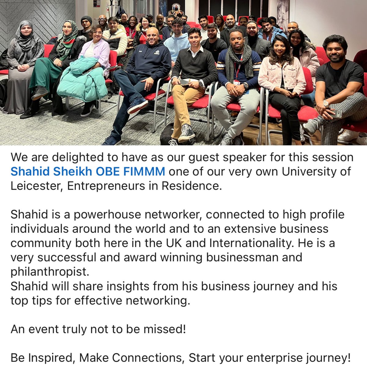 A fantastic evening doing what I love to do: talking and sharing life experiences with students. It was a presentation with a difference which I am sure they will not forget. Hope everybody enjoyed the talk. <a href="/uniofleicester/">University of Leicester</a> <a href="/LeicInnovation/">University of Leicester Services for Business</a> <a href="/NCanagarajah/">Nishan Canagarajah</a> <a href="/rbhuhi/">Rajinder Bhuhi</a>