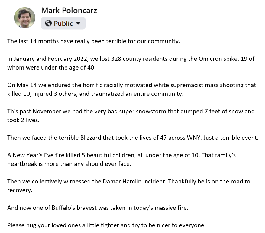 markpoloncarz's tweet photo. The last 14 months have really been terrible for our community. 
Hug your loved ones a little tighter and try to be nicer to everyone. https://t.co/aSsqKNWsY8