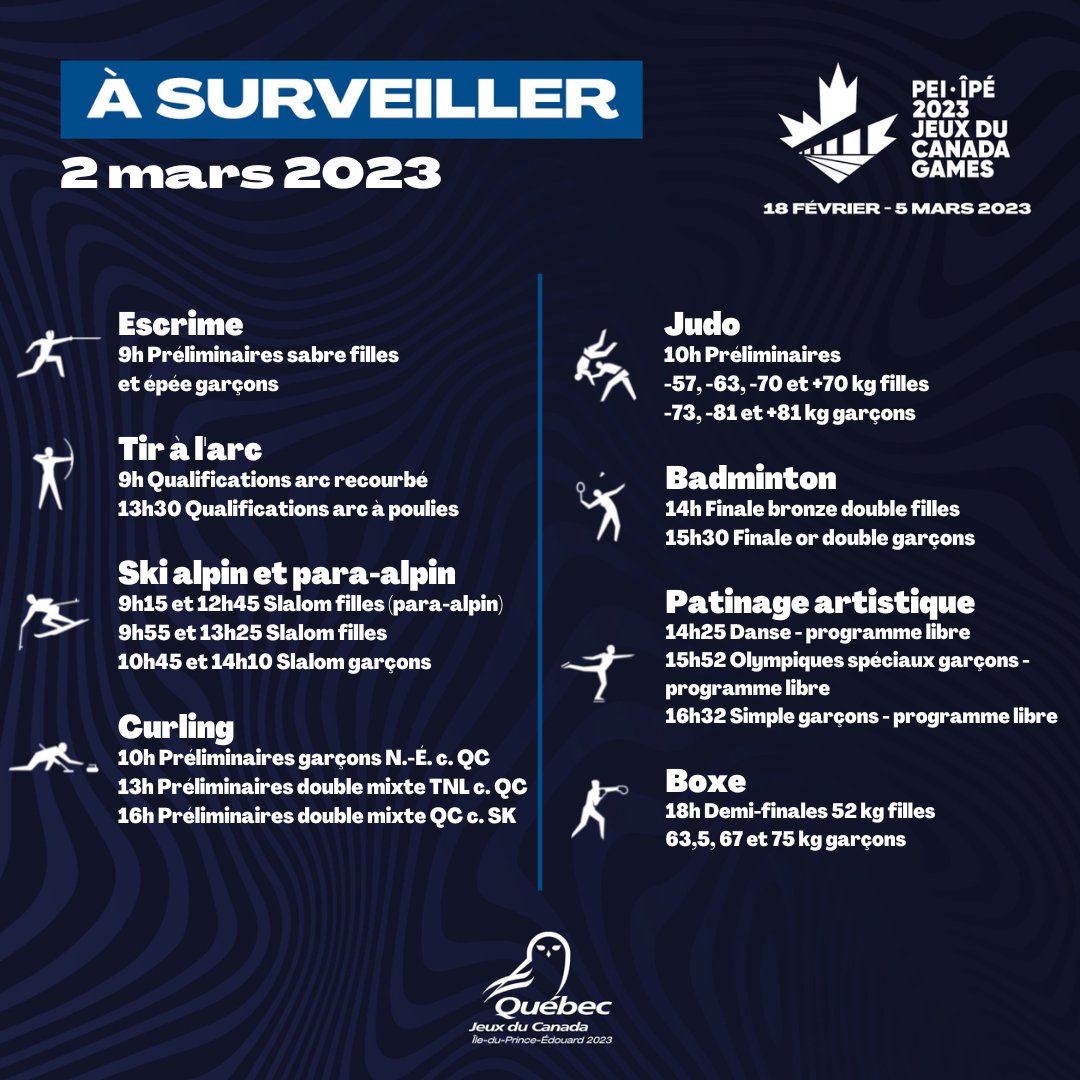 Équipe du Québec (@equipeduquebec) on Twitter photo #ÉquipeQuébec aux <a href="/2023CanadaGames/">2023 Jeux du Canada Games</a> - Jour 13
<a href="/Escrime_Quebec/">Fédération d'Escrime du Quebec</a> <a href="/tiralarcquebec/">TIR À L'ARC QUÉBEC</a> <a href="/SkiQuebecAlpin/">Ski Québec Alpin</a> <a href="/CurlingQuebec/">Curling Québec</a> <a href="/JudoQuebec/">Judo Québec</a> <a href="/BadmintonQc/">Badminton Québec</a> <a href="/patinageqc/">Patinage Québec</a> <a href="/boxe_quebec/">Boxe Québec</a>
#AllezQuébec ! 🔥
#JeuxDuCanada2023 #IPE2023 #JeuxDuCanada
<a href="/CanadaGames/">Canada Games | Jeux du Canada</a> #ÉquipeQuébec aux <a href="/2023CanadaGames/">2023 Jeux du Canada Games</a> - Jour 13
<a href="/Escrime_Quebec/">Fédération d'Escrime du Quebec</a> <a href="/tiralarcquebec/">TIR À L'ARC QUÉBEC</a> <a href="/SkiQuebecAlpin/">Ski Québec Alpin</a> <a href="/CurlingQuebec/">Curling Québec</a> <a href="/JudoQuebec/">Judo Québec</a> <a href="/BadmintonQc/">Badminton Québec</a> <a href="/patinageqc/">Patinage Québec</a> <a href="/boxe_quebec/">Boxe Québec</a>
#AllezQuébec ! 🔥
#JeuxDuCanada2023 #IPE2023 #JeuxDuCanada
<a href="/CanadaGames/">Canada Games | Jeux du Canada</a>