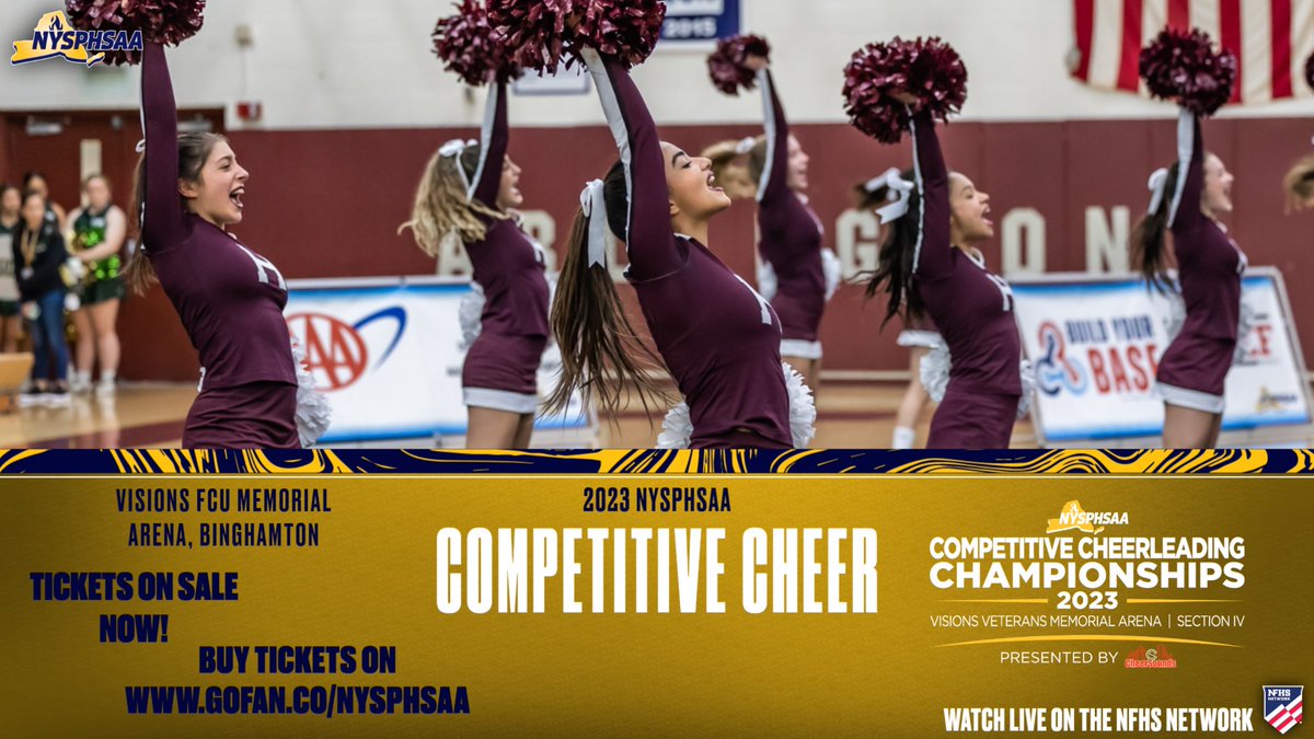 📣The 2023 #NYSPHSAA Competitive Cheerleading Championships head to Binghamton this Saturday. 🥇

Come see the best cheer teams in New York compete for championships in 5 divisions

Get your tickets here:
gofan.co/app/school/NYS…

Can't make it? Watch live:
nfhsnetwork.com/associations/n…