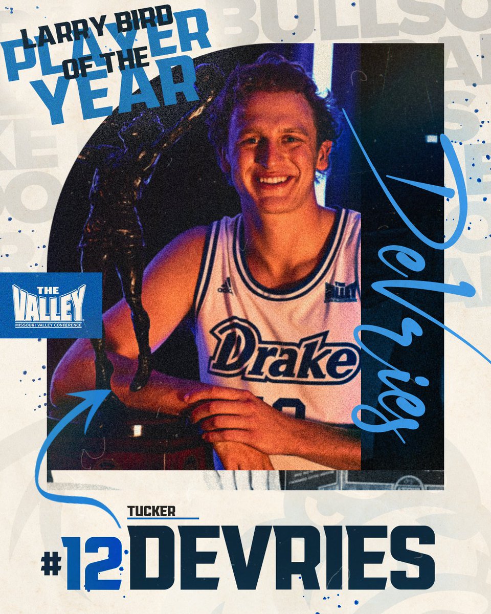 DrakeBulldogsMB's tweet image. 𝐋𝐚𝐫𝐫𝐲 𝐁𝐢𝐫𝐝 𝐓𝐫𝐨𝐩𝐡𝐲

Tucker DeVries becomes the fifth different Drake student-athlete to be named Larry Bird MVC Player of the Year and the first since 2008.

🏀📰 bit.ly/3kEQ4iU

#DrakeALLIN
#DSMHometownTeam