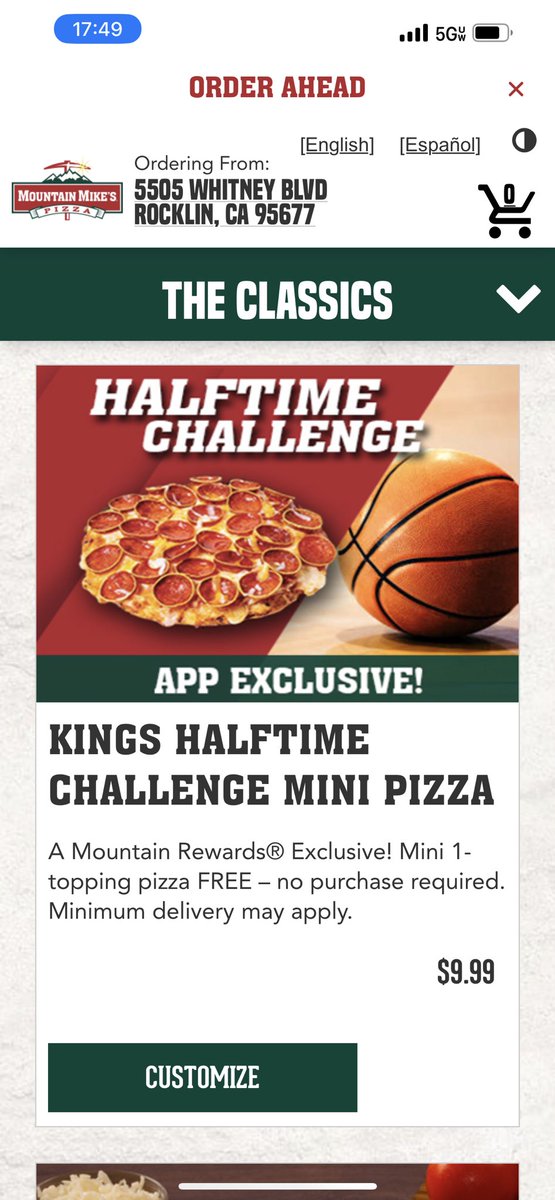 shotglassjohn's tweet photo. @MountainMikes Explain why I’m not able to claim my free pizza?  Nowhere it says I need to order a minimum to get it.  It says no purchase necessary. @SacramentoKings #falseadvertisment https://t.co/ipOgWAdleU