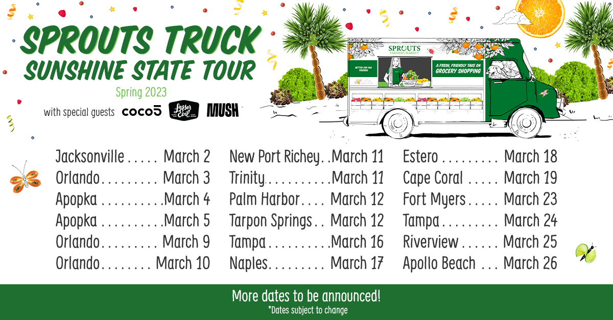 Hello, Florida! The @sproutsfm Mobile Truck is hittin' the road for a tour of the Sunshine State! Use #SproutsOnTour to watch for the truck to pop up in your city! Enjoy bites and sips from @drinkcoco5 @lesserevilsnack & Mush. Plus, freebies, locally grown produce and swag bags!