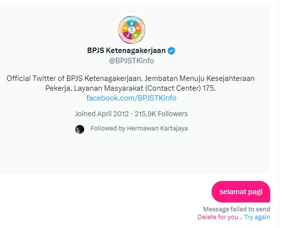 adhi_wow's tweet photo. @BPJSTKinfo sudah saya coba tp tidak bisa, mungkin karena saya mengirim pesan akun yang tidak memfollow saya https://t.co/OuCVrGsayz