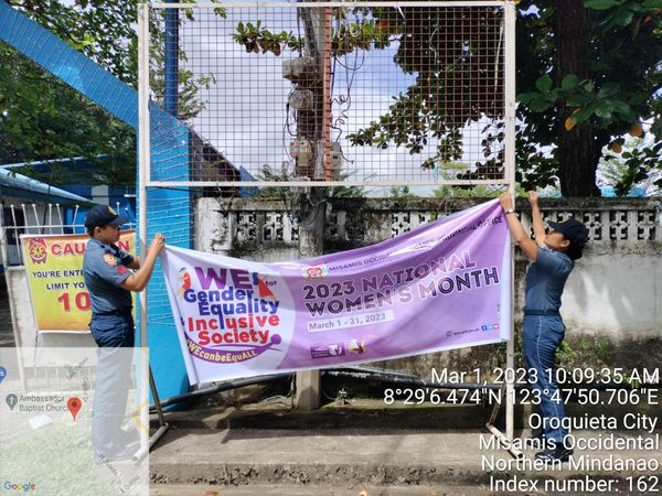 MisOccPPO's tweet photo. hanging of Tarpaulin in relation to 2023 National Women's Month Celebration with the theme: "WE for Gender Equality &amp; Inclusive to Society" at Camp Major Lucas Naranjo, Lower Lamac, Oroquieta City, Misamis Occidental. https://t.co/cvPJdU9hd3