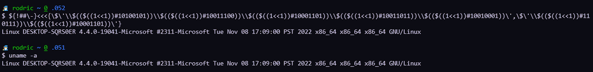 rodricbr_'s tweet photo. @sirifu4k1 by wrapping it with brace expansion you can use a "," as "spaces" to the command
${!##\-}<<<{\$\'\\$(($((1<<1))#10100101))\\$(($((1<<1))#10011100))\\$(($((1<<1))#10001101))\\$(($((1<<1))#10011011))\\$(($((1<<1))#10010001))\',\$\'\\$(($((1<<1))#110111))\\$(($((1<<1))#10001101))\'} https://t.co/8YyusUcNXt