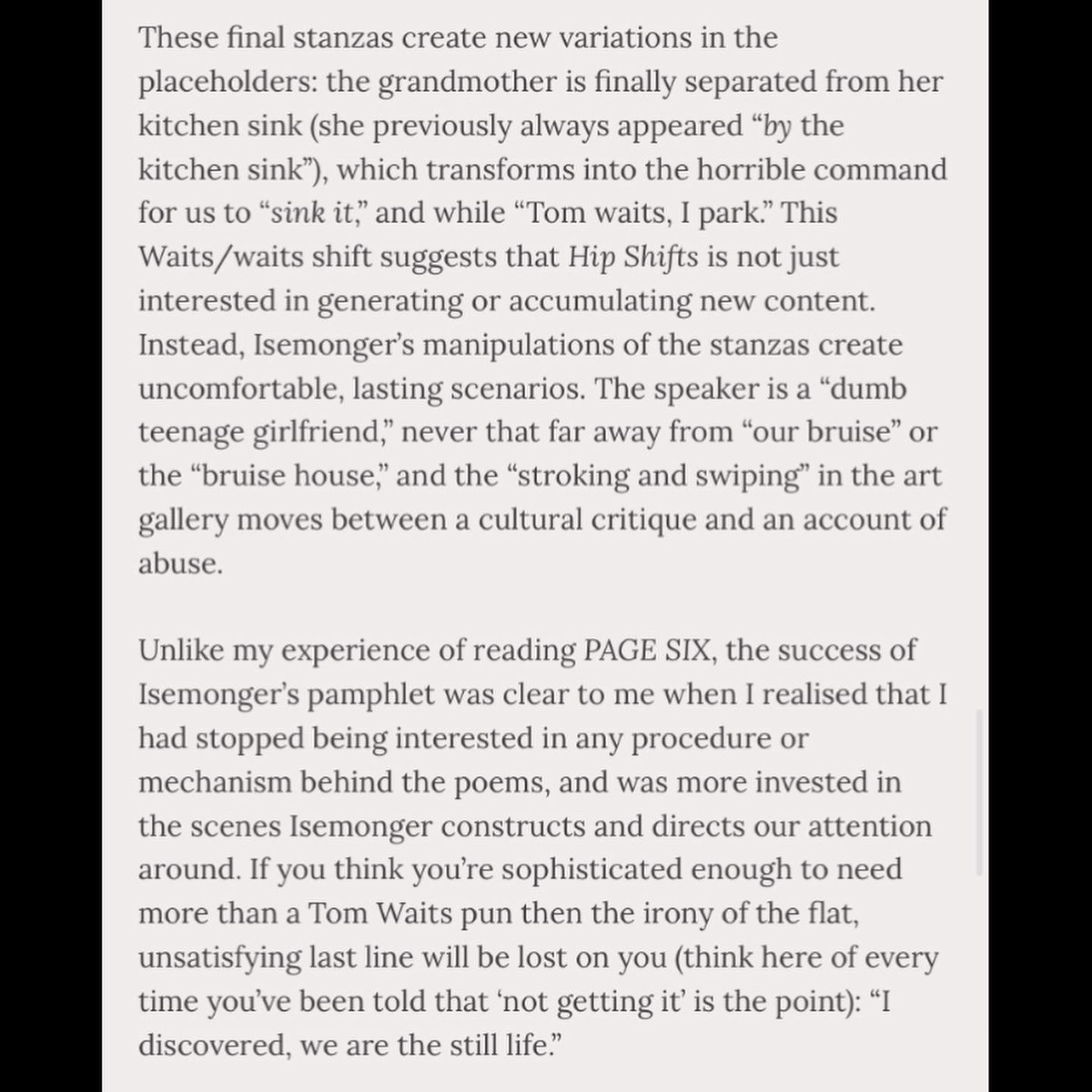 A review by Lucy Burns of 'Hip Shifts' (which originally appeared as a pamphlet) - one of the poems you can find in my book. Get one