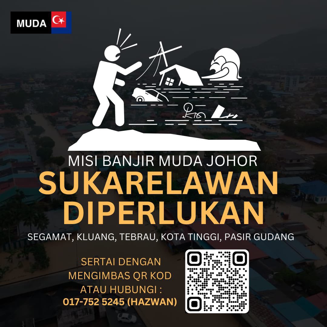 partimuda's tweet photo. Sukarelawan diperlukan untuk membantu misi banjir MUDA Johor.

Malaysia sekali lagi digemparkan dengan berita tidak baik berlaku pada beberapa daerah di Johor baru-baru ini.

Mari jadi sukarelawan dan bantu mangsa yang terlibat.

Imbas kod QR atau hubungi nombor yang tertera. https://t.co/ncEU9WwDOK