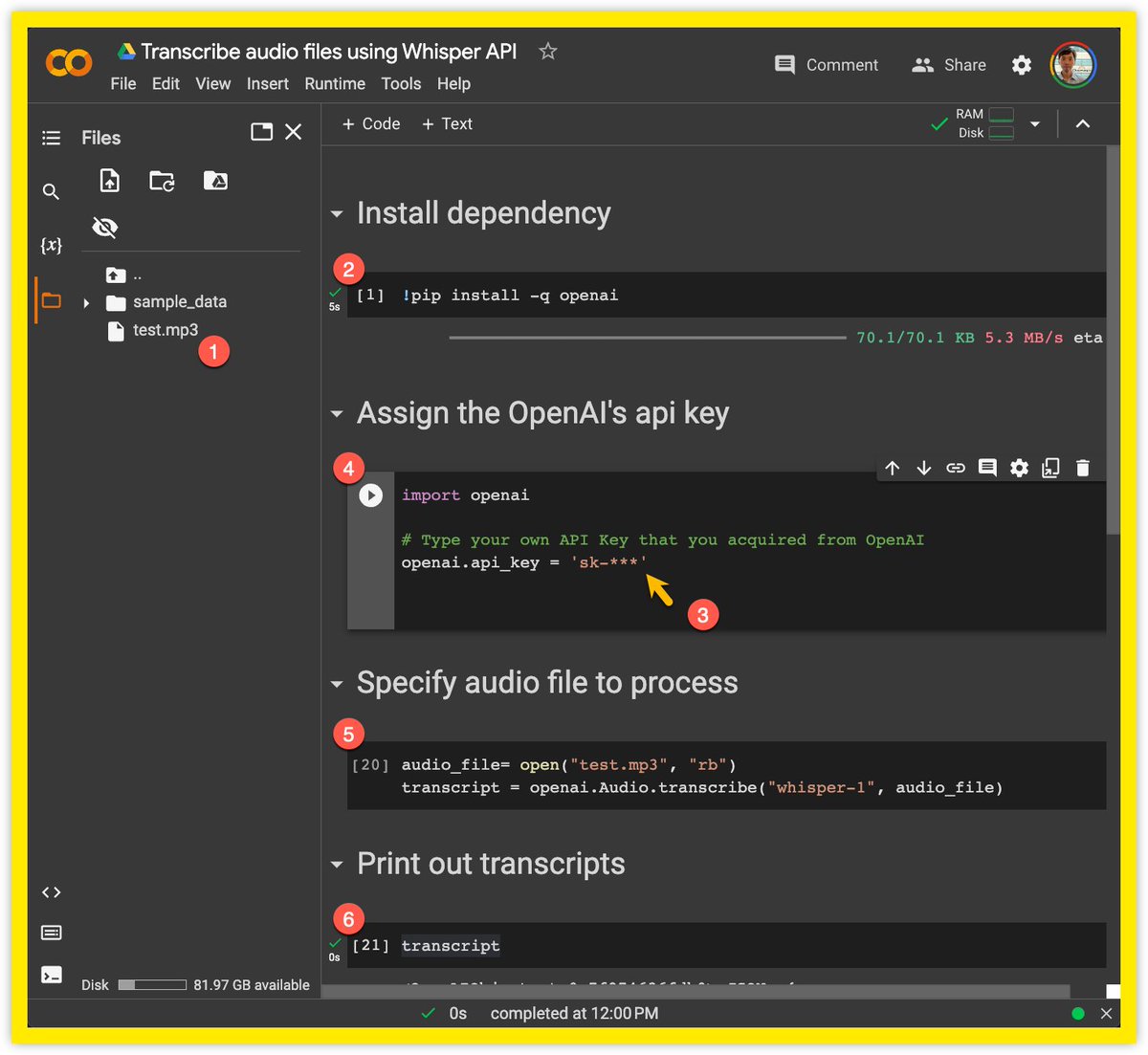 あまり知られてないようですがChatGPTを利用されている方にはAPIの利用分として１８ドルのクレジット（3ヶ月間有効）が付与されてます。Whisper  API用のColab  Notebook（👉https://t.co/gOsPNY1Eiw）です。①ファイル（25MB以下）をアップし、③APIキーを設定するだけで ...