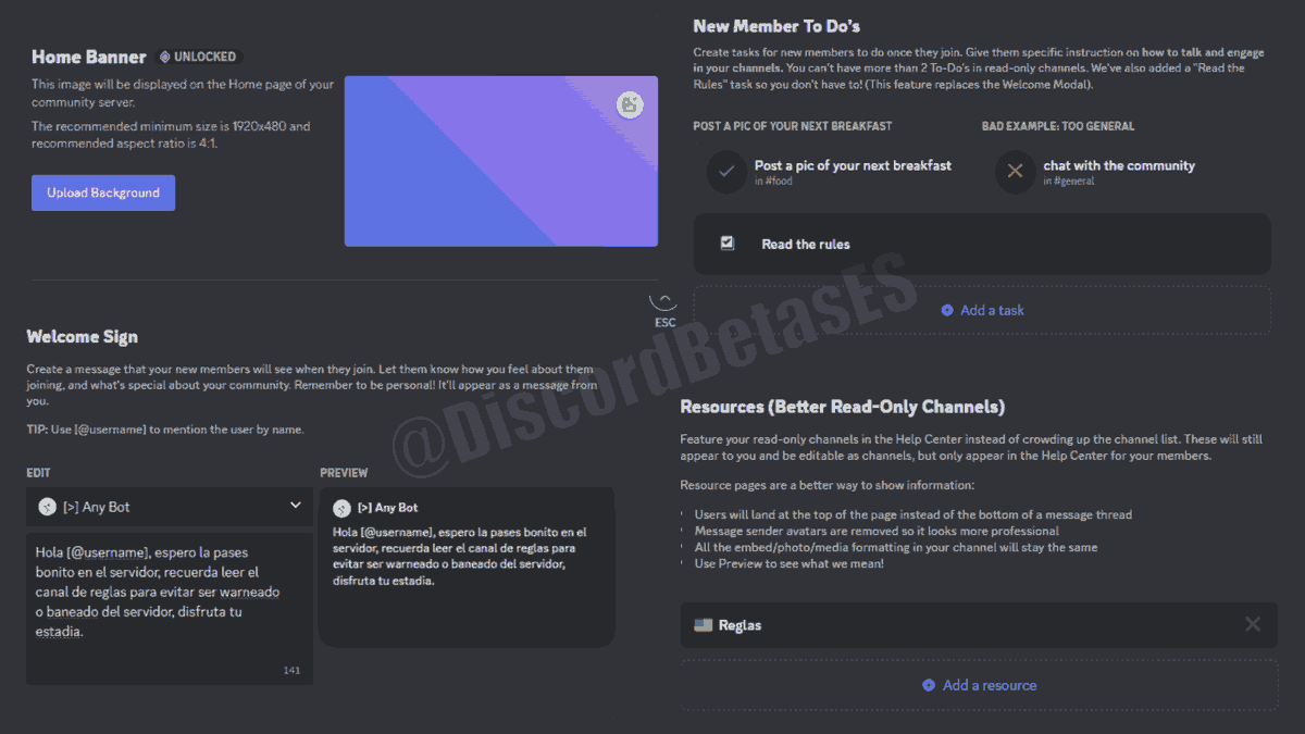 DiscordBetasES's tweet photo. Discord planea meter mas funciones a la tan conocida "Home" la cual parece sera renombrada a "Home Page", entre estas funciones se podra agregar un banner en el Home, un mensaje de bienvenida, tareas (Ver o hablar en canales) y Recursos para que los usuarios pueda leer. 1/2 https://t.co/1IpfLmEcHr