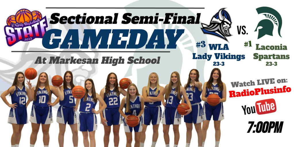 WLAGBBALL's tweet image. 🏀Gameday🏀
We meet our Co-Flyway Champions in the D4 Sectional Semi-Final tonight in Markesan. #EverySecond

👀- #3 WLA Vikings (23-3) vs. #1 Laconia (23-3) 
📍- Markesan High School
⏰- 7:00pm
📺- youtube.com/@radioplusinfo