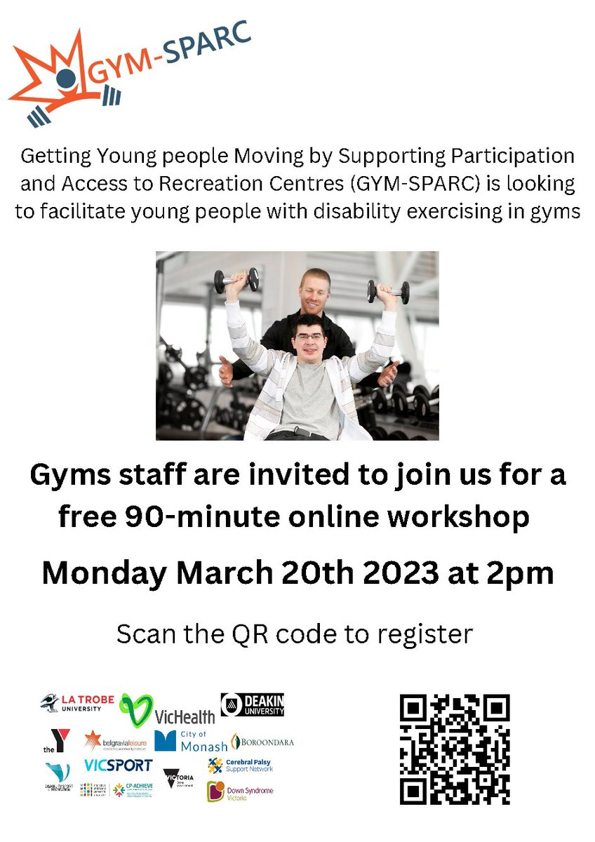 Rachel Kennedy, PhD (@physio_rachel) on Twitter photo Do you work in a gym supporting young people with disability? GYM-SPARC is hosting a free online 90 minute workshop for people working in gyms.
Scan the QR code to register!
<a href="/DrNoraShields/">Nora Shields</a> <a href="/GeorgiaM_Physio/">Georgia Mckenzie</a> Do you work in a gym supporting young people with disability? GYM-SPARC is hosting a free online 90 minute workshop for people working in gyms.
Scan the QR code to register!
<a href="/DrNoraShields/">Nora Shields</a> <a href="/GeorgiaM_Physio/">Georgia Mckenzie</a>
