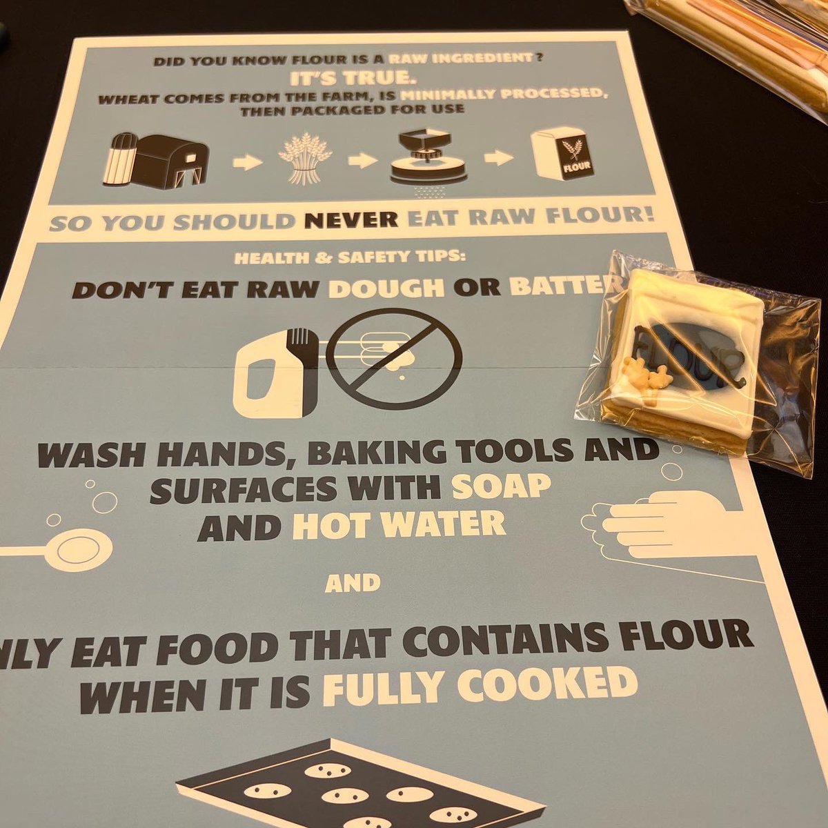 Reminder: Microwaving or pre-cooking #flour in the oven does not destroy harmful bacteria to make eating raw cookie dough safe. Raw eggs & raw flour can lead to foodborne illness. One lick can make you sick! #foodsafety #CFSEC2023 #TheMoreYouKnow