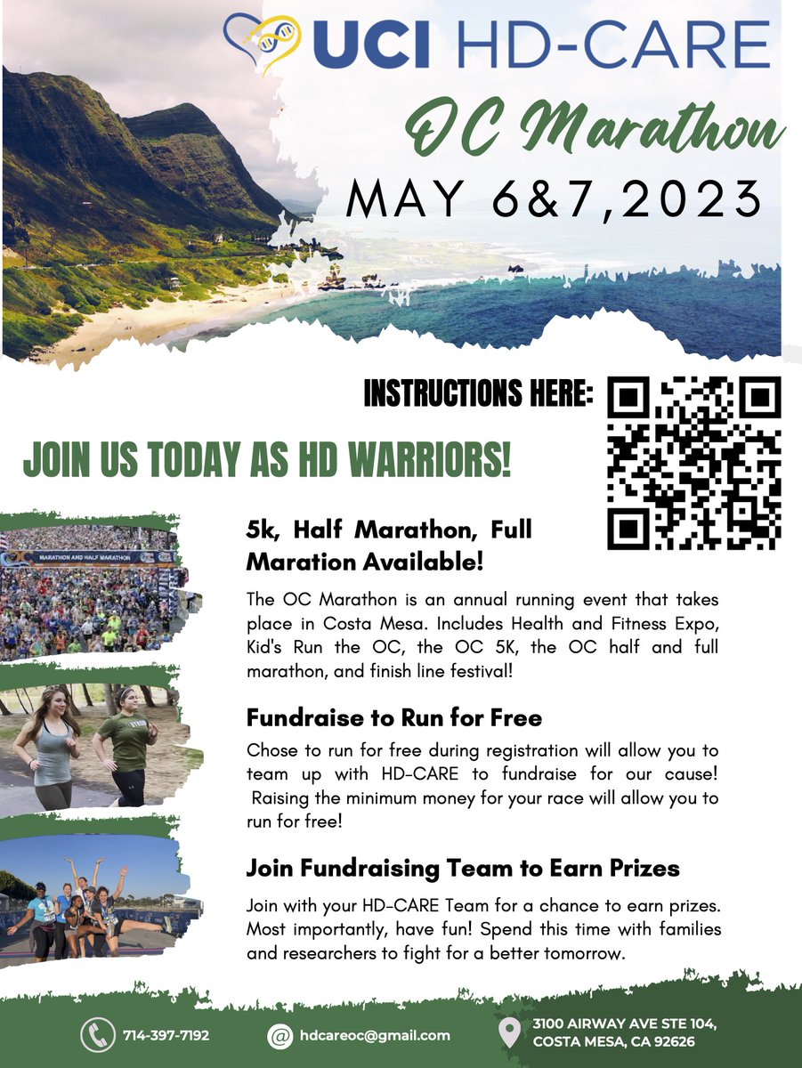 We are looking for runners!! Want to be part of an inspiring non-profit organization? Be involved in a cure for Huntington’s disease? This is your opportunity! The OC Marathon is on May 6 &amp; 7 and join our HD Warriors Fundraising Team! Register at tinyurl.com/sd898dwa 
#HD