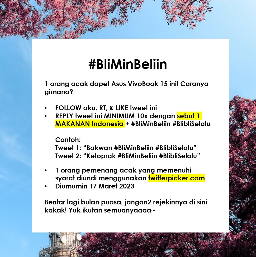 bliblidotcom's tweet photo. Mau #BliMinBeliin ASUS VivoBook 15 ✨𝒈𝒓𝒂𝒕𝒊𝒔✨?

Cek gambar untuk caranya, yuk ikutan semuanya! Semoga rejeki yaa! 🍜🍲🍳

#BlibliSelalu https://t.co/WGbAJLSCNJ