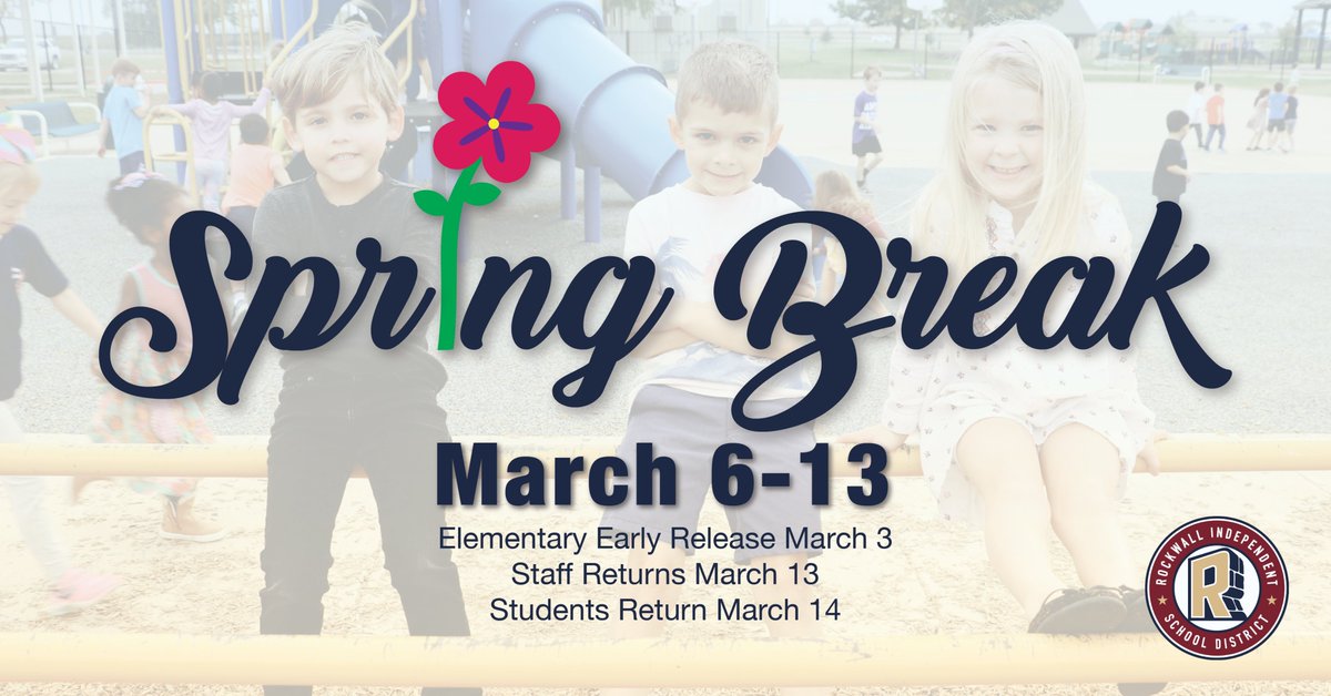 Spring Break is almost here! Elementary students will have an early release tomorrow at 12 p.m. Spring Break is March 6-13 for students. Staff will return on March 13. We hope everyone has a fun-filled and relaxing break!