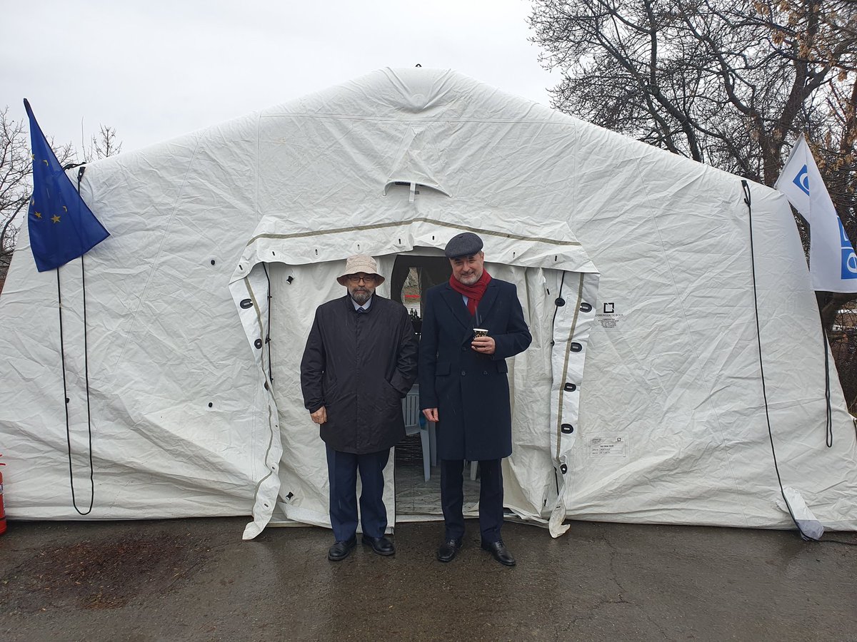 SWoeber's tweet photo. Rainy day but good spirits for 111th #IPRM. Welcome to new @EUMMGeorgia_HoM - with @OSCE SpecRep @OSCECiO jointly prepared for any conditions outside & inside the tent. https://t.co/MGlzsHZtue