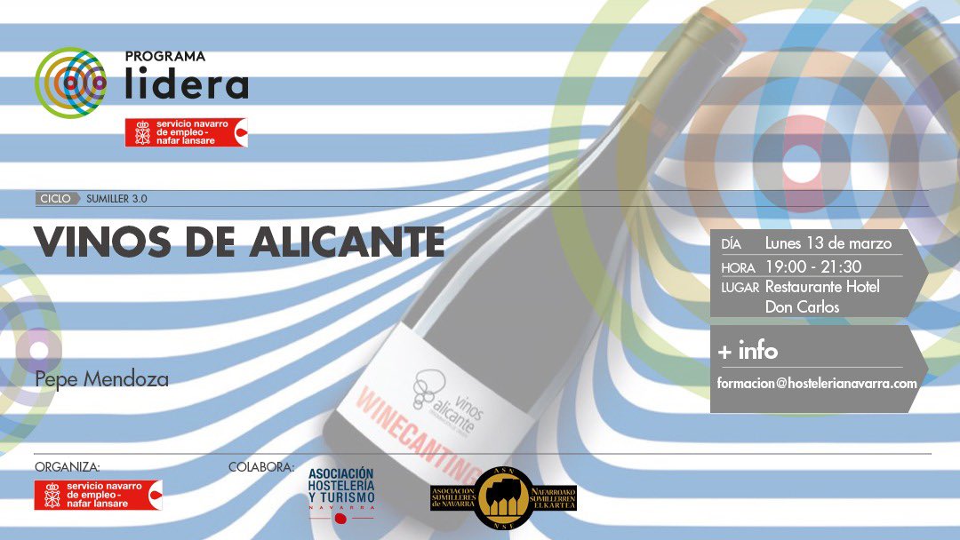 #FORMACIÓN | #Sumillería Vinos de #Alicante 🍷
 
📅 13 marzo 2023 | ⏰19:00h – 21:30h
 
📍<a href="/hdoncarlos/">DON CARLOS</a> 
   
📩 Inscripciones: forms.gle/3UiBaFdv8GuiAM…  
  
Organiza: <a href="/empleo_na/">Empleo - Lansare</a> dentro del programa #LIDERA 
  
Colabora: <a href="/hostnavarra/">AEHN Hostelería Navarra</a> y <a href="/sumilleresNA/">Sumilleres de Navarra</a>