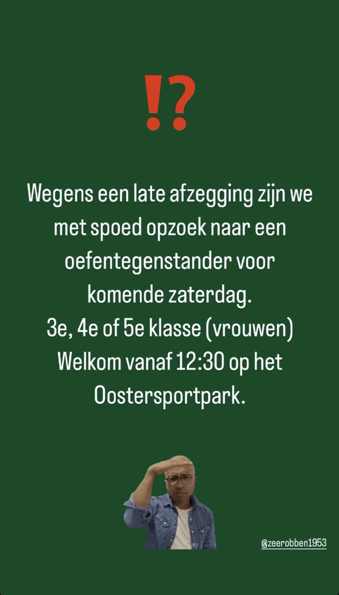 ZeerobbenVR1's tweet photo. Opzoek naar een oefentegenstander voor komende zaterdag! 3e, 4e of 5e klasse (vrouwen) @ZeerobbenTweets https://t.co/iKsAx9ailq