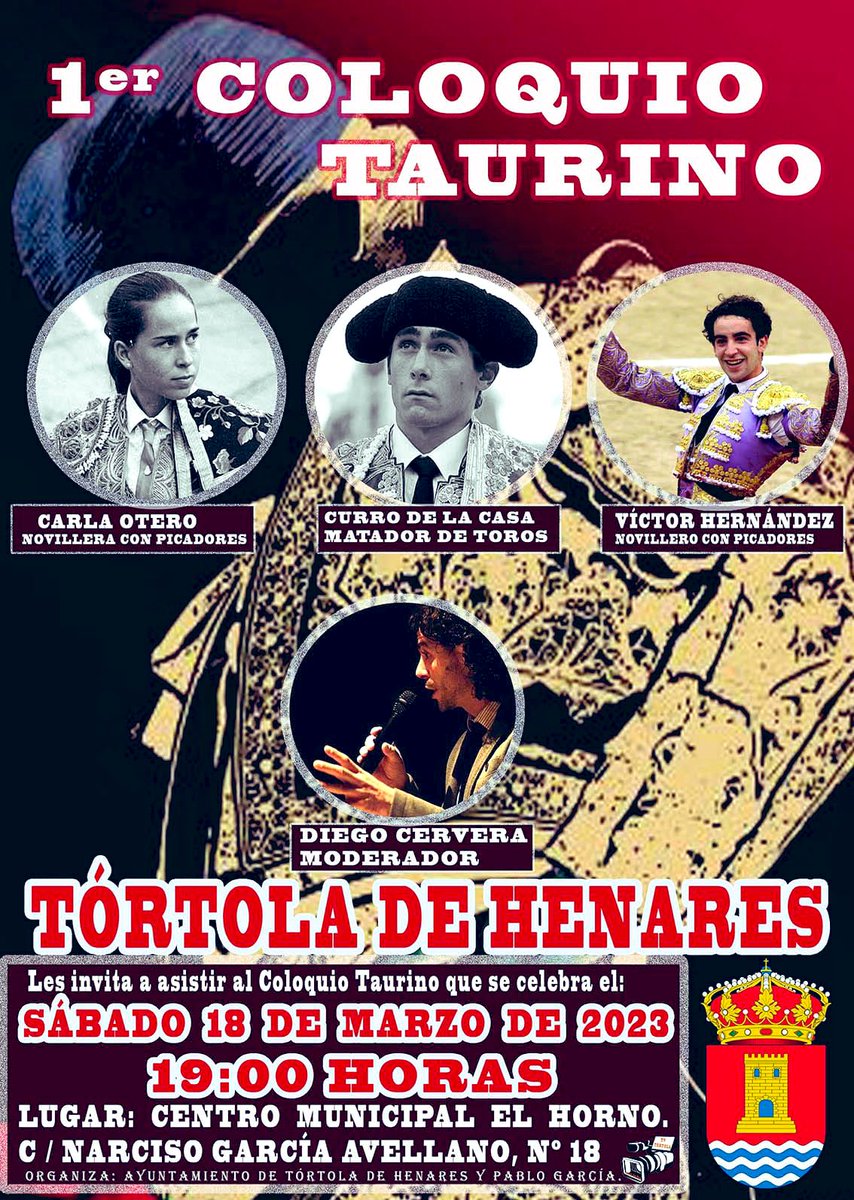 Buenos días amig@s,el próximo sábado 18 de marzo,a las 19h,Curro participará en el 1er coloquio Taurino que se celebrará en Tórtola de henares,junto a <a href="/CarlaMtezOtero/">Carla Otero</a> y #VictorHernandez
Te esperamos!!