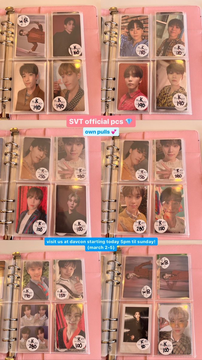 jinskigyushi's tweet photo. 💜BTS SVT💎 official photocards for sale at DavCon Bazaar (today til sunday, march 2-5)‼️
📌 thurs: 5pm-12mn | fri-sat: 3pm-12mn | sun: 11am-11pm 🥳
📌 indoor booth # 74 (right infront of the entrance door!😉)
📌 official merch; clothes; desserts 😋
💜 see you! 💎 https://t.co/XbmZ1uCQW2