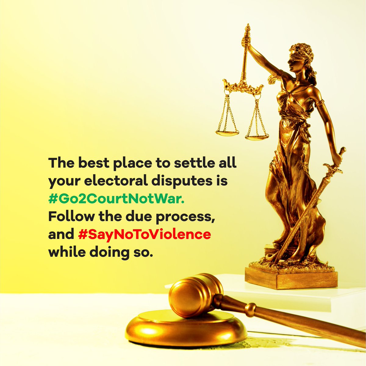 #NigeriaDecides2023 has come and gone,i urge aggrieved parties and individuals to seek redress in court #Go2CourtNotWar and #SayNoToViolence.

Let us promote the peace.