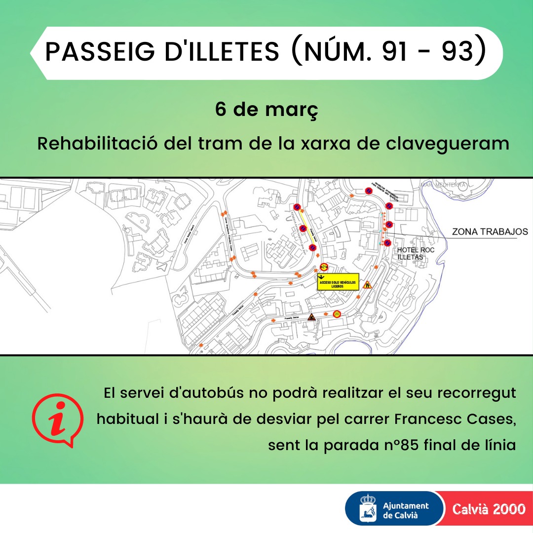 calvia2000's tweet photo. 🟢 Neteja i rehabilitació del clavegueram del Passeig d'Illetes (núm. 91 - 93).

🔧 Per tal d'oferir-vos un millor servei cada dia, els informam que el dia 6 de març es realitzaran treballs de neteja i rehabilitació del clavegueram en el Passeig d'Illetes (91-93). https://t.co/jBqq12wW9r
