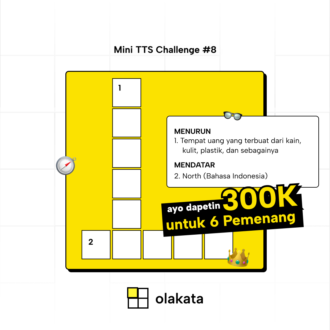 OlakataGame's tweet photo. Mini TTS Challenge 8✨
Dapetin 300k untuk 6 pemenang🥳

#Olakata #OlakataGame #TTSBerhadiah #KuisBerhadiah #Kuis #TekaTeki #TekaTekiSilang #ChallengeIndonesia #GiveawayIndo #GiveawayIndonesia #GiveawayIndonesiaUpdate #KuisIndonesia #KuisOnline #InfoKuis #GiveawayUangTunai https://t.co/Z1briwdJ1t