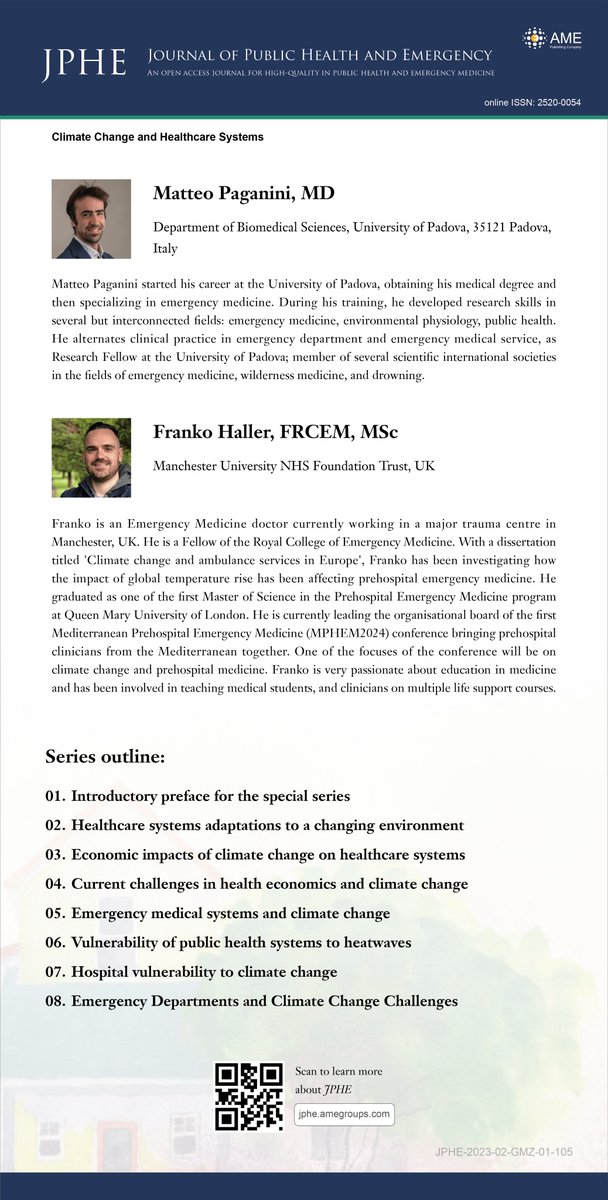 Series on 'Climate Change and Healthcare Systems' is to be published on Journal of Public Health and Emergency: jphe.amegroups.com Edited by Matteo Paganini, University of Padova (Italy) and Franko Haller @FrenkiDeBleck, Manchester University NHS Foundation Trust (UK) #JPHE
