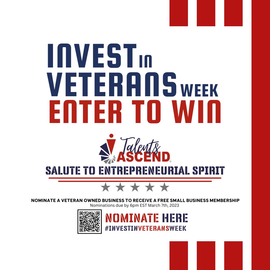 VeteransASCEND's tweet photo. #InvestInVeteransWeek is here! Talents ASCEND is giving away (4) 6-Month Small Business Memberships to Veteran-Owned Small Businesses!
NOMINATE A VETERAN-OWNED BUSINESS AT:
https://t.co/o5glXq0DMT
#SmallBusiness #VeteranOwned #ai4DEI #SmallBusiness #GiveAway #InvestInVeterans https://t.co/j9vLHNYar2