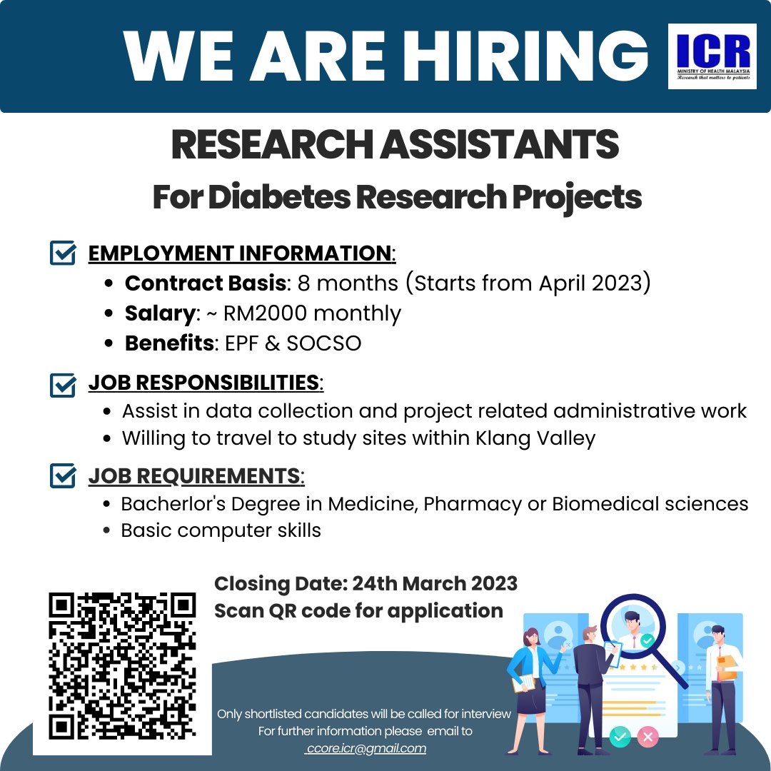 ICR_NIH's tweet photo. CCORe team is looking for research assistants for diabetes research projects! Come be a part of our team. Please email us at ccore.icr@gmail.com.
#Hiring #ResearchAssistant #JobSearch #JobOpening #NowHiring #Resume #CV https://t.co/9E5VOEBxu0