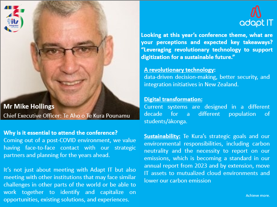 AdaptEducation's tweet photo. 2023ITSUGConference anticipates receiving local &amp; international guests in #Namibia, including #NewZealand. Answering the questions about the expectation from this year's Conference, Mike Hollings, CEO at Te Kura and one of Adapt IT Education's customers, had to say this... https://t.co/Ur5desxgBr