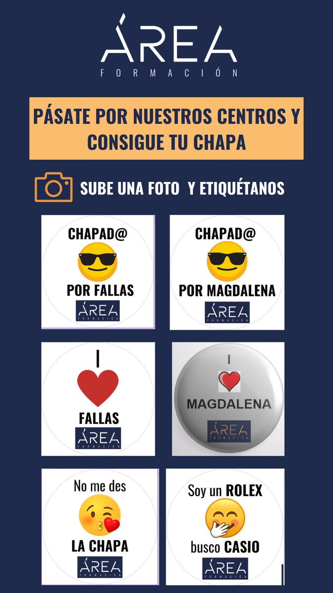 AreaFormacion's tweet photo. Por Valencia ya huele a pólvora y en Castellón la magdalena ya está a la vuelta de la esquina 🎉

¡Pásate por nuestros centros y te regalamos una CHAPA molona!

El único requisito es que te hagas una foto 📸 etiquetándonos. 

No te quedes sin la tuya 🤩 https://t.co/u7FhL6cRYu
