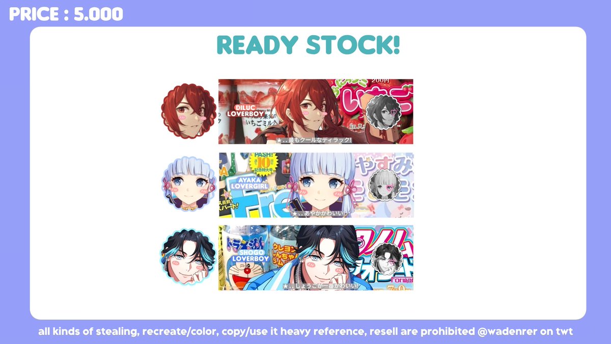 wadenrer's tweet photo. rt are highly appreciated!

halo! aku ada layout ready stock genshin &amp; anime pricenya 5k/each dapet 2 ava png only yaa, bisa di take jam 18.00 WIB nanti, bisa booking juga dengan fee (+2k) 

#zonauang https://t.co/RpLW0GUnF5
