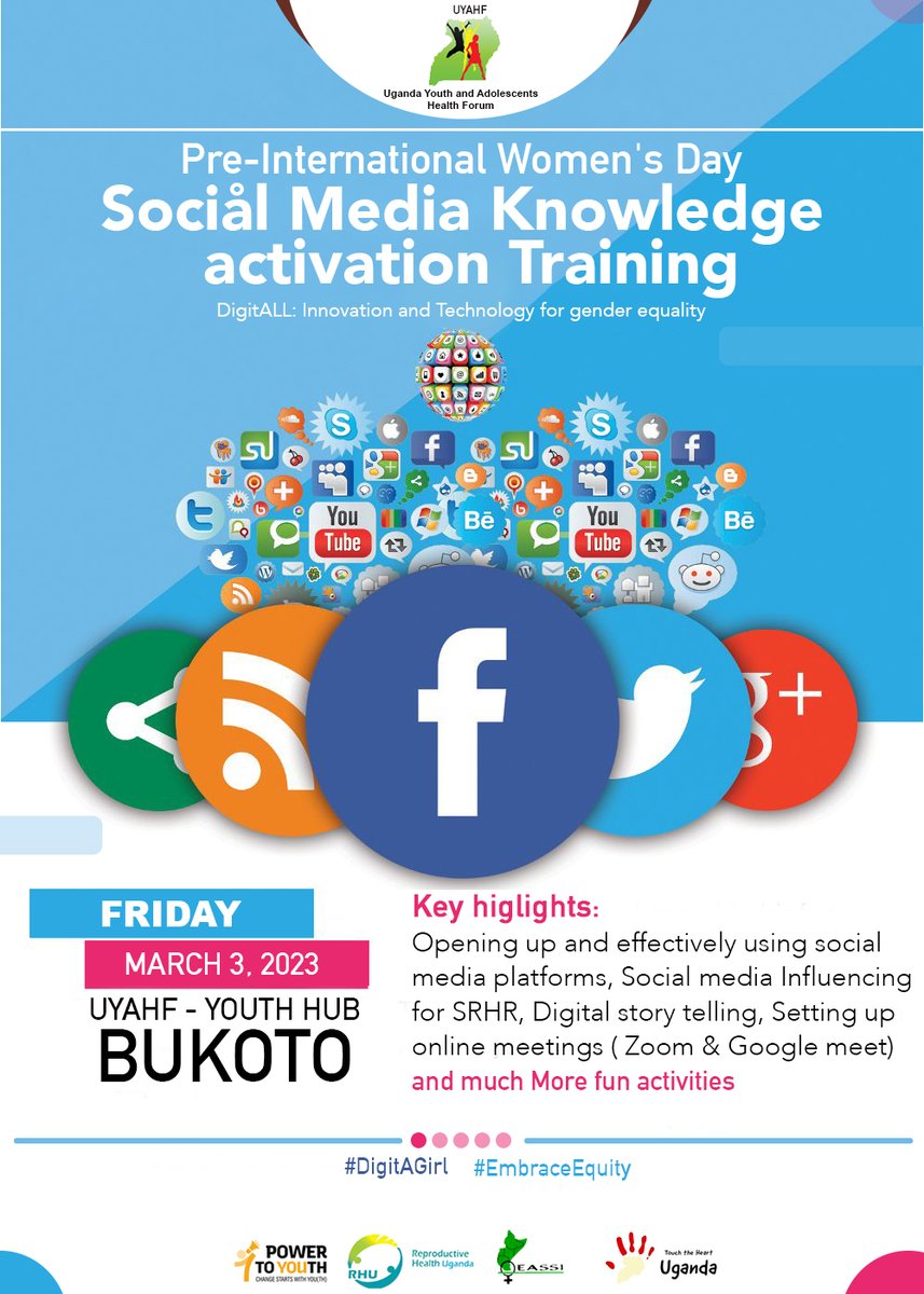 uyahf1's tweet photo. #IWD2023
"Social Media Knowledge Activation Training"
Happening this Friday at our #YouthHub! We shall be empowering girls with digital knowledge, esp the use of social media tools to claim their space & advocate for their SRH rights.
#DigitAGirl #EmbraceEquity #Powertoyouthug https://t.co/b9RFJw36rE