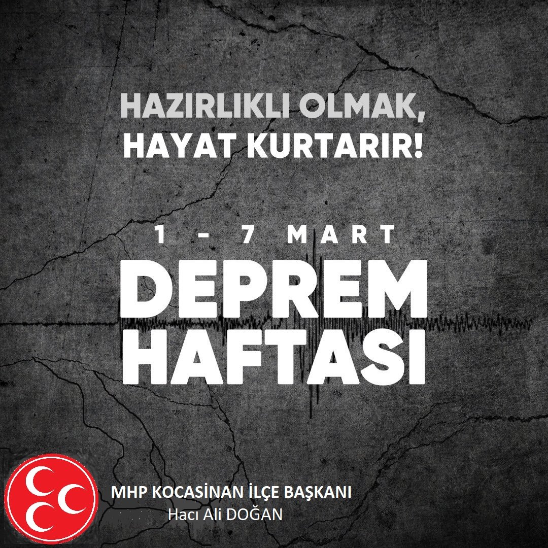 1-7 Mart #DepremHaftası'nda ülkemizi yasa boğan büyük deprem felaketinde hayatını kaybedenlere Allah’tan rahmet, yaralılara acil şifalar diyorum.  
Rabbim, bir daha böyle felaket yaşatmasın.
Başımız sağolsun.
#MhpKocasinan
#MhpKocasinanKaçep