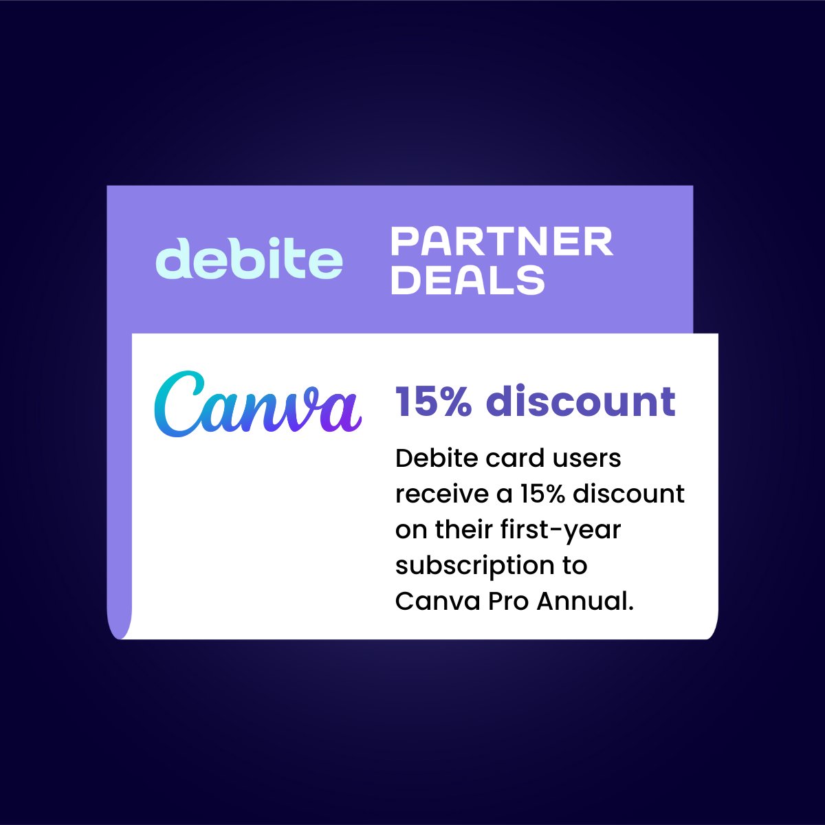Debite_io's tweet photo. 🎨 Designing eye-catching graphics just got easier! We're excited to partner with @canva , the ultimate design tool. 

Debite card users can get a 15% discount on their first-year subscription to Canva Pro Annual. Sign up now and unleash your creativity!💜

#Canva #partnership https://t.co/sw2SqYH1cM