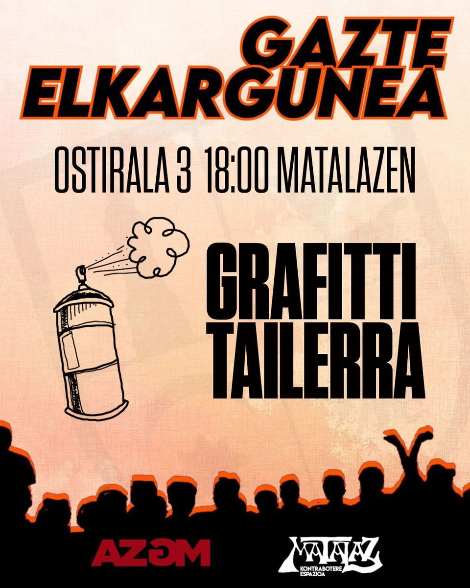 🔛𝗕𝗨𝗘𝗟𝗧𝗔𝗡 𝗚𝗔𝗨𝗗𝗘!🔛

Bihar grafitti tailerra izanen dugu Matalazen, animatu praktikatzera!

⚽⚽Al acabar bajaremos juntos al partido de Matalaz F.T..

𝘎𝘢𝘻𝘵𝘦 𝘌𝘭𝘬𝘢𝘳𝘨𝘶𝘯𝘦𝘢