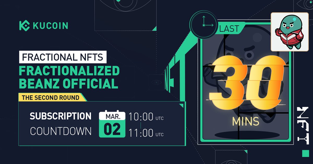 ⏰ The 🥈 round of subscription for  #hiBEANZ on #KuCoin  starts in 30 minutes! ⏰ 
Subsribe below👇
kucoin.com/spot-nft/token…