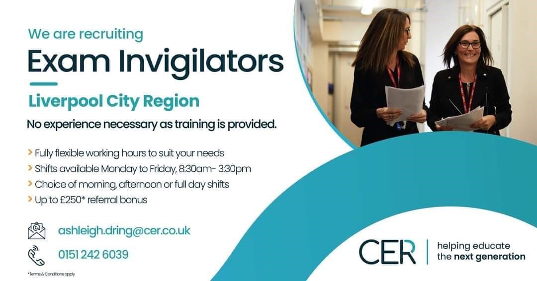 With exam season just around the corner <a href="/CerNorth/">CER Education - Liverpool & North Wales</a> are recruiting Exam Invigilators to support schools across the region.

Come along to our  "Exam Invigilator Training and Network Event " on 8th March 4 pm - 6 pm

Call to reserve your place !
☎️0151 242 6020