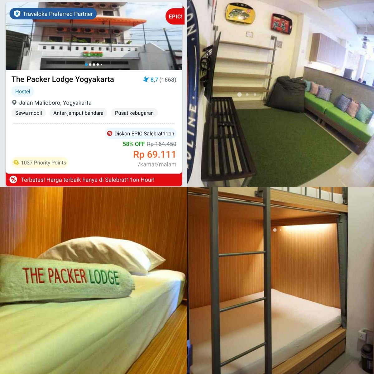 Widino's tweet photo. Peta Lodge Backpacker Hostel.
📍Tegalrejo, Rp41 ribuan/malam.

Wonderloft Hostel. 
📍Mantrijeron, Rp44 ribuan/malam.

The Packer Lodge. 
📍Malioboro, Rp69 ribuan/malam.

Home Addicts Hostel. 
📍Wirobrajan, Rp69 ribuan/malam. https://t.co/xhG7XaxKOk