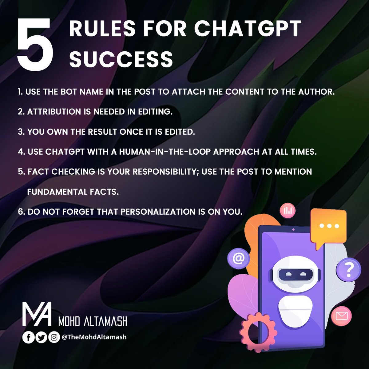5 Rules for ChatGPT success

#chatgpt #altamash #technology #ai #openai #chatbots #supportsolutions #RoboticTechnology
