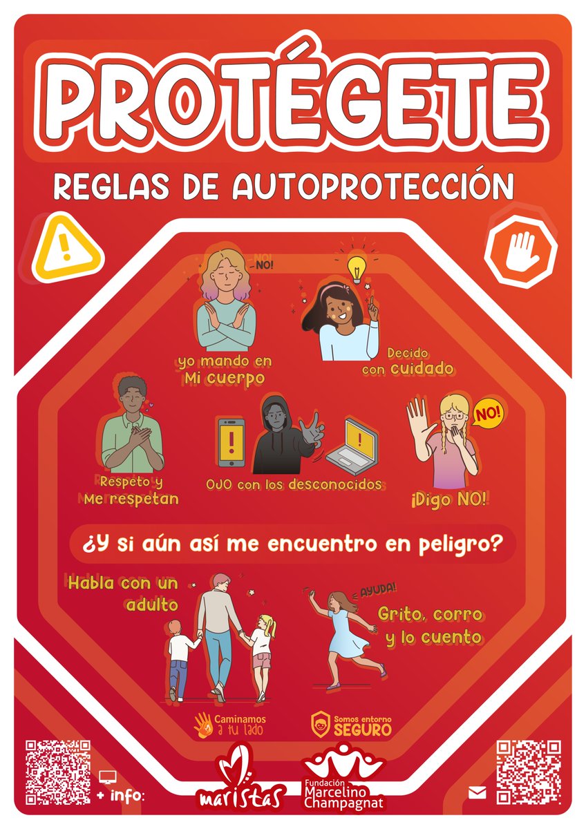 🛑¿Conoces estas reglas de autoprotección?🛑
Son parte de nuestra labor de #prevención y #protección para niños, niñas, adolescentes y jóvenes. Divulgamos los mensajes en nuestras obras educativas de #Maristas y la <a href="/FundMChampagnat/">Fundación Marcelino Champagnat</a> 
#SomosEntornoSeguro 🛡️
#CaminamosATuLado 👐