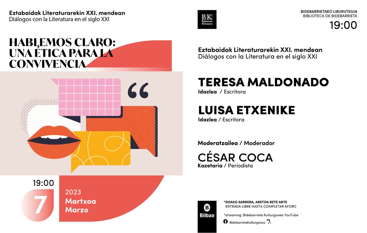 Bilbao Kultura (@bilbaokultura) on Twitter photo 💬 El día 7 de marzo, en #BidebarrietaKulturgunea, tendrá lugar un encuentro sobre la ética en el ciclo “Diálogos con la literatura en el Siglo XXI”. Participarán Teresa Maldonado, <a href="/letxenike/">Luisa Etxenike</a> y <a href="/cesarcocag/">César Coca</a>.
🎟 Entrada libre
📺 labur.eus/5Q2Cb
#BilbaoKultura 💬 El día 7 de marzo, en #BidebarrietaKulturgunea, tendrá lugar un encuentro sobre la ética en el ciclo “Diálogos con la literatura en el Siglo XXI”. Participarán Teresa Maldonado, <a href="/letxenike/">Luisa Etxenike</a> y <a href="/cesarcocag/">César Coca</a>.
🎟 Entrada libre
📺 labur.eus/5Q2Cb
#BilbaoKultura