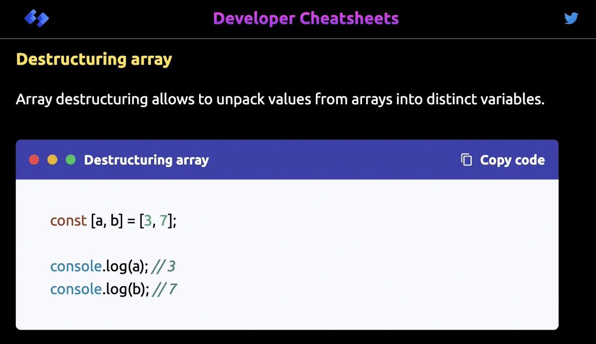 DevCheatsheets's tweet image. Array destructuring - daily dose of JS.

Web Dev cheatsheets @ developercheatsheets.com

#webdevelopment #developer #cheatsheets #javascript