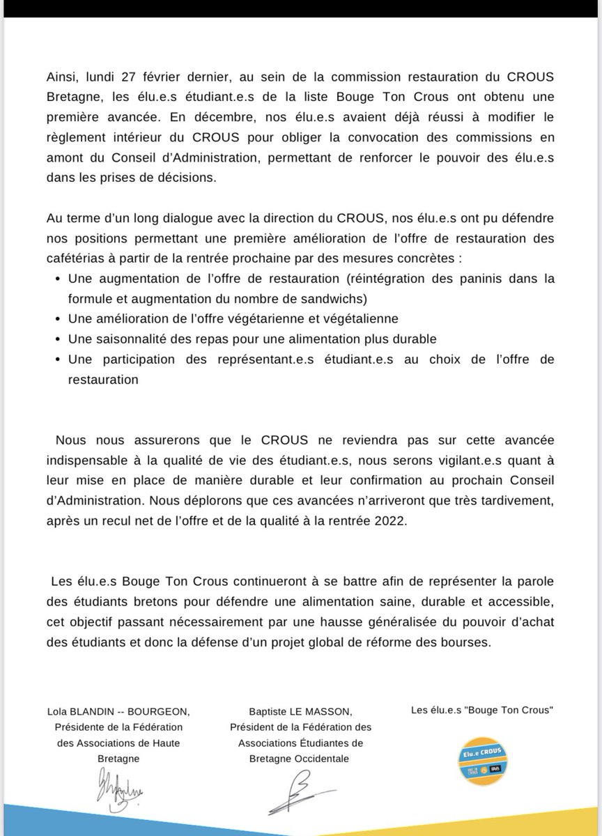la_fahb's tweet photo. #etudiants #Rennes #CROUS 
Les élus de @la_fahb et @fedebzh ont permis au termes d’un long dialogue, l’amélioration de l’offre de restauration des cafétérias #CROUS de #Bretagne 🍽️

🔴Proposer et sélectionner parmi 75 repas
⚪️Repas adaptés aux saisons
🔴 Végétarien et végétalien https://t.co/oZf0s1W0Zu