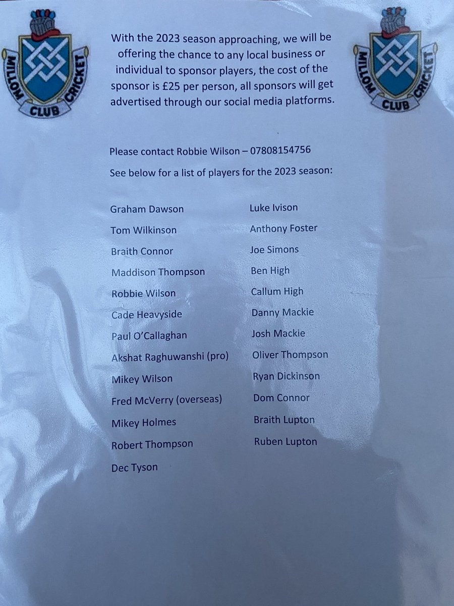🚨 🚨 SPONSOR OPPORTUNITY 🚨🚨

Please see details below for the chance to sponsor one of our players for the upcoming 2023 season.

Contact Robbie Wilson on 07808154756

Up to 3 sponsors per player 🏏🏏🏏