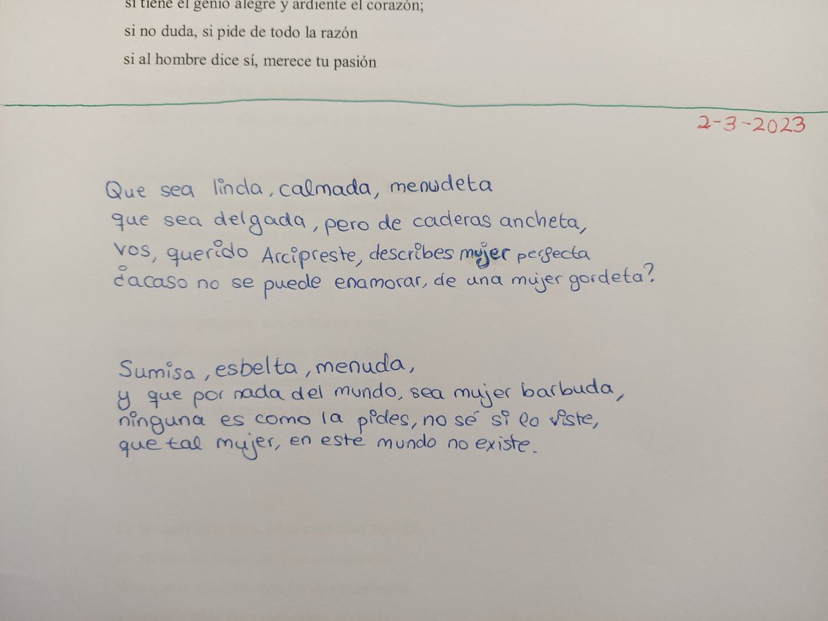 adrianavermell's tweet photo. hoy mis niñxs de 3° de la eso han escrito unos poemas MARAVILLOSOS y DIVERTIDÍSIMOS en respuesta a la mujer ideal que describe el Arcipreste de Hita

aquí algunos ejemplos 💖 estoy taaaaan contenta 🥰

#invticua23 https://t.co/NDhQ30tIQ3
